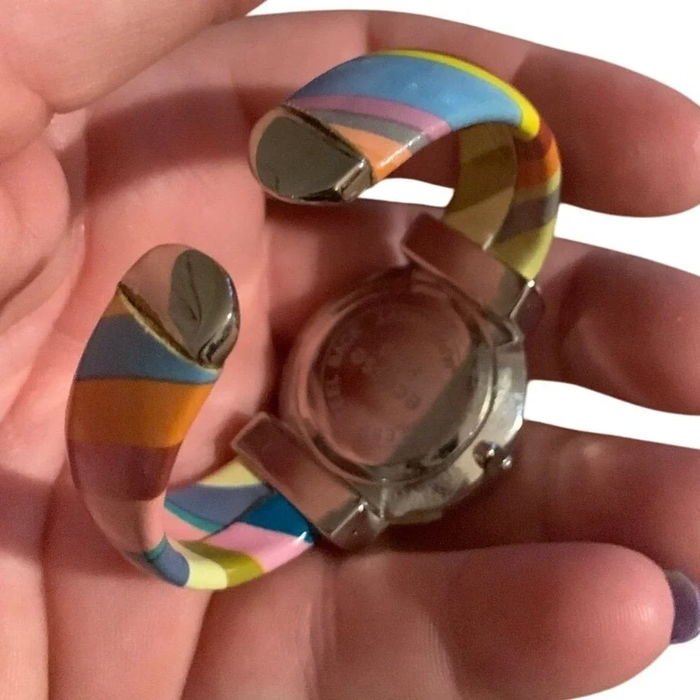 Eclipse Bronze Tone Bangle Cuff Watch‎ Rainbow Stripe Band Rhinestone Accents